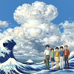 highly detailed illustration of an colorful ocean with big waves and lots of high exposure cummulonimbus clouds by makoto shinkai, by oliver vernon, by joseph moncada, by damon soule, by manabu ikeda, by kyle hotz, by dan mumford, by otomo, 4 k resolution