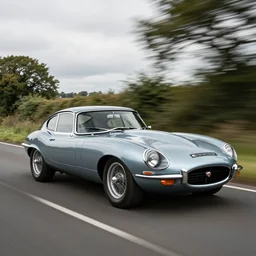 award winning photo of an ultra detailed high quality!! jaguar e - type!! car speeding very fast along an english country road, fast shutter speed, motion blur, tiny gaussian blur, highly detailed, highly intricate, depth of field, trending on top gear, full car body, wide angle lens