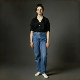 a beautiful full body portrait of a skinny teenager woman with glasses, a jean and a black shirt, tied back black hair, white shoes, art by franz xaver winterhalter, highly detailed, elegant, jewlery, romanticism, rococo, neoclassicism, 1 8 5 0 s style painting, oil on canvas, vivid