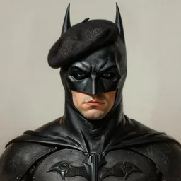 portrait of an elegantly dressed Batman, extremely dark circles around eyes, irritated expression, bohemian fashion, wearing a beret, artsy, intricate, elegant, highly detailed, digital painting, artstation, concept art, smooth, sharp focus, illustration, art by artgerm and greg rutkowski and alphonse mucha