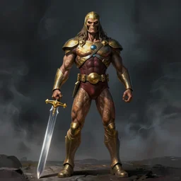 full body centered uncut character pose of he - man, mysterious - eerie - ominous, he - man is holding the power sword in his right hand, dark grey shadowy smokey background, direct natural lighting, cinematic, epic, ultra - detailed, sharp focus, colored illustration, artwork by artgerm and greg rutkowski and alphonse mucha
