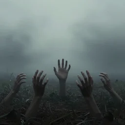 hands reaching out of the ground. gloomy surroundings. misty background. atmospheric light. digital fantasy art by zdzisław beksinski.