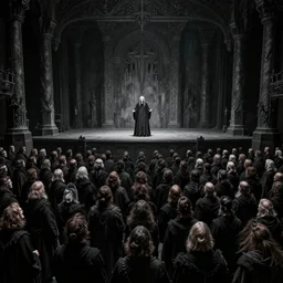 a large amount of cultist followers gathered in front of a cult leader's stage, view from stage, in the style of beksinski
