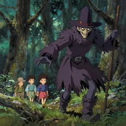 professionally painted art by miyazaki, of an evil living scarecrow hunting lost travellers in the woods
