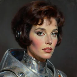 close - up portrait of retrofuturistic jane fonda in space. reflective detailed textures. soft gloomy dark background. highly detailed fantasy science fiction painting by moebius, norman rockwell, frank frazetta, and syd mead. rich colors, high contrast. artstation