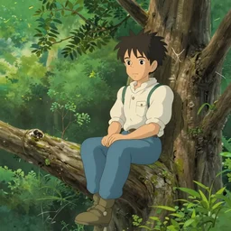 gabriel boric sitting at a tree made by studio ghibli, detail, high quality, detailed, beautiful scene, smooth, relaxing