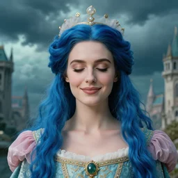 close up portrait queen, regal dress, subtle smile, blue long haired elegant model, female, eyes closed, by greg rutkowski, storm clouds, in fantasy city, teal and pink color palette, annie liebovitz, by john everett millais and dante gabriel rossetti and john collier and john william waterhouse, preraphaelite, detailed c