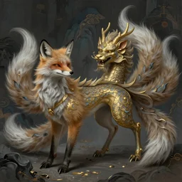 beautiful painting insiperd by the mythical beast in the classics chinese book 山 海 经, animal concept design : 九 尾 狐, 麒 麟, high detail, religion light, grey blue and gold and dark scheme, by emil melmoth, craig mullins, greg rutkowski, fenghua zhong, pete morbacher, religion light, khaki and gold and dark scheme, artstation, ultra detailed