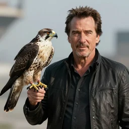christopher walken with a falcon on his arm, hyper realism, 5 0 mm, photo