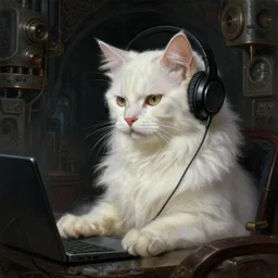 a epic norman rockwell painting portrait of white fluffy cat listening to music in a dark liminal space room, gritty tech, deep focus, fantasy, intricate, elegant, highly detailed, digital painting, artstation, concept art, matte, sharp focus, illustration, dark fantasy style art, resident evil, art by artgerm and greg rutkowski and alphonse mucha