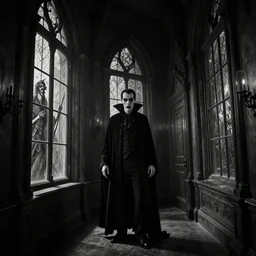 Interior shot of a vampire's manor, inside of a hallway with large ominous windows.  Dark Fantasy, Film Noir, Black and White. High Contrast, Mike Mignola, D&D, OSR