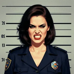 mugshot filter. mugshot!!!! photograph!!!! of a charismatic lady criminal with a bad attitude in a police station. snarl. symmetrical portrait. grainy. illustration. art by artgerm, gret rutkowski, and alphonse mucha.