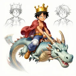 concept sketches of luffy wearing a gold crown riding a large dragon by jamie hewlett, in the style of megaman, micro detail, disney