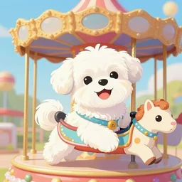 small white shihtzu maltese mix dog on a merry go round smiling full color digital illustration in the style of don bluth, artgerm, artstation trending, 4 k