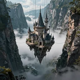 floating castle hanging by chains in the air, inside a gorge, below only cloud dark void, 8k resolution, by Tatsuyuki Tanaka, artstation trends