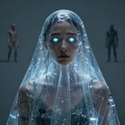 portrait of a woman, covered in transparent cloth, plastic, glowing eyes, flat background, masterpiece, glowing, wires everywhere, by edgar maxence and ross tran, zdzisław beksinski, and michael whelan, distant, gustav dore, h. r. giger, 8 k, octane render, sad