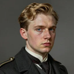A Hearts of Iron IV portrait of a blond young English male actor with high cheekbones. Dressed in 1940s style. Highly detailed, fine Art, high detail, great lighting, 8k resolution, masterpiece, concept art, illustration, clear eyes, painting oil on canvas, octane render, HDR, trending on artstation, 4k, 8k, HD