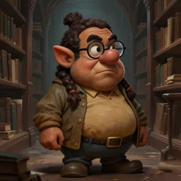 picture of male librarian dwarf inside huge library, stout, casual clothes, dark skin, dark brown hair, braids, glasses, high fantasy, highly detailed, detailed faces, smooth, sharp focus, chiaroscuro, digital painting, concept art, rossdraws and moebius and jon mcnaughton