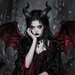 bored looking succubus, portrait of a lady demon all dressed in black, beautiful face and eyes, horns on her head, black and red velvet fabric, highly detailed, white accents, cel shaded, cinematic shot, trending on artstation, high quality, detailed and chaotic background, brush strokes all over, by tom bagshaw and jama jurabaev
