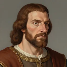 Portrait of a medieval nobleman, tan skin and brown hair, clean shaven, big nosed with many scars. Artstation