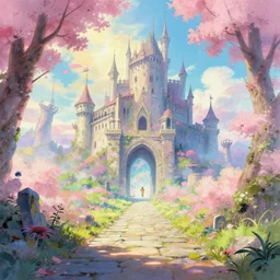a dreamy otherworldly 5 0 0 px of stone pathway through portal to dystopian post - apocalyptic abandoned castle, studio ghibli, pixar and disney exploded - view drawing, sharp, disney octane render splatter paint vray by shinji kimura and alphonse mucha and alena aenami, maximalist pastel color palette, ( ( bloom ) ), dramatic lighting