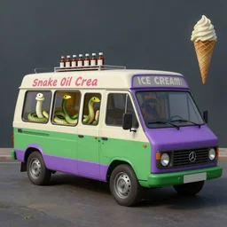 a purple and green ice cream van that sells snake oil instead of ice cream, snake oil salesman selling little brown bottles of medicine, snake van, painting by René Magritte, Edward Hopper, 3D rendered