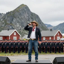 an american cowboy singing in front of thousands of soldiers wearing us uniforms on a scene in nordkapp in norway, ultrarealistic, 4 k
