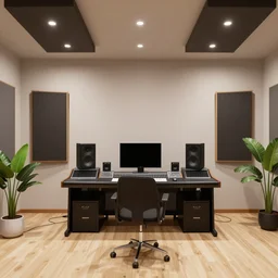 A modern indoor music studio, clean architecture, some plants, peaceful, 8K octane render