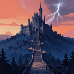 detailed dystopic cyberpunk illustration of steep long zig - zag path to an evil sharp fantasy castle over a high dark blue hill, orange to pink gradient sky and thunderstorm background. forest underneath