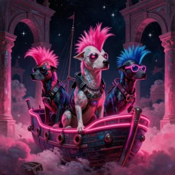 space dogs with neon mohawks, space, dark, stars, pirate neon ship with punks on board, mohawks, neon, oil painting, pink, rich deep colors masterpiece, ultra detailed, contrast, heaven pink, lots of roman arches, punk rock with mohawks, clouds, sky, volumetric light, atmospheric lighting, dramatic, cinematic, moody, octane render 4 k, 8 k