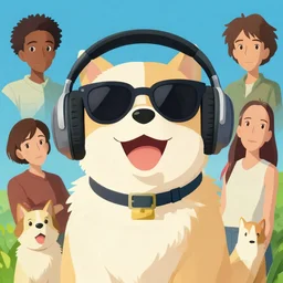 maximalist joyful dog, sunglasses, headphones, pixiv fanbox, makoto shinkai takashi takeuchi studio ghibli, akihiko yoshida, yoshitaka amano, wangechi mutu, clean cel shaded vector art. shutterstock. behance hd by lois van baarle, artgerm, helen huang, rossdraws, illustration