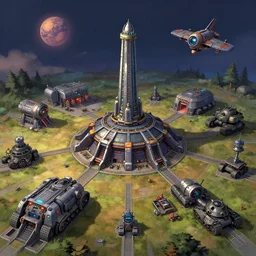 a StarCraft 2 terran base, command center, planetary fortress, supply depots, engineering ba, barracks, factory, siege tanks, starport, studio Ghibli, Pixar and Disney animation, sharp, Rendered in Unreal Engine 5, anime key art by Greg Rutkowski, Bloom, dramatic lighting