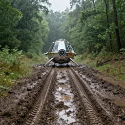 lone spacecraft parked on a muddy track surrounded by woodland, with puddles and tyre prints in the thick wet mud, in the showering summer morning light, high resolution detailed realistic cinematic matte painting by raphael lacoste, andreas rocha, john harris, and david hocknet