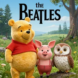 winnie the poo and piglet and owl on the beatles album cover, 8 k resolution hyperdetailed surrealism
