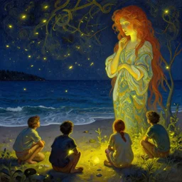 people watching fireflies on the beach, intricate, highly detailed, digital painting, trending on artstation, concept art, smooth, sharp focus, backlit, rim light, vivid colors, illustration, unreal engine 5, 8 k, art by rossdraws and alphonse mucha