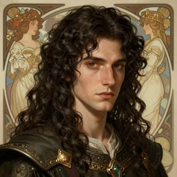 a portrait of a medieval fantasy elven prince, beautiful, dark curly hair and brown eyes, very detailed, amazing quality, stunning, by rebecca guay and alphonse mucha and ilya kuvshinov, artstation, pixiv, digital art,