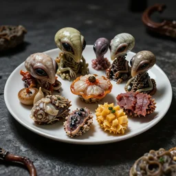 a beautifully photographed plate of strange and disturbing alien foods, food magazine photography