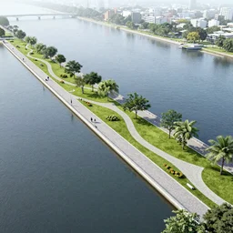 Linear park and esplanade along Pasig River, concept art, artstation