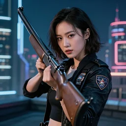 photographic portrait of a techwear woman holding a shotgun, closeup, on the rooftop of a futuristic city at night, 4k, depth of field, high resolution, full color, Die Hard, movies with guns, movie firearms, police shotguns