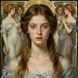 beautiful young goddess by zdzisław beksinski, iris van herpen, jean delville, jeffrey smith, and alphonse mucha, detailed realistic beautiful portrait