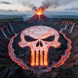 wide angle shot of volcano caldera in the form of the punisher skull icon with flowing fountains and rivers of lava. detailed, high art, intricate, artisan
