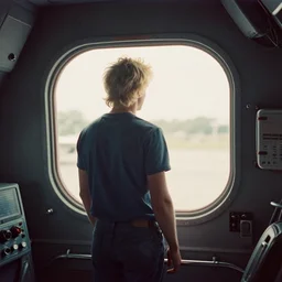 kodak ultramax 4 0 0 photograph of a blonde guy standing in a spaceship looking out a window, back view, grain, faded effect, vintage aesthetic, vaporwave!!, 9 0 s vibe,