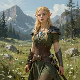 A fantasy comic book roleplaying game style portrait painting of Maika Monroe as a elf in a mountain meadow sanctuary, DAZ, hyperrealistic, ambient light, dynamic light