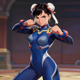 young female character inspired by chun li in a plugsuit, digital art made by makoto shinkai and wlop, anatomically correct, extremely coherent, fighting pose hd