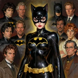 cat woman from batman in the style of hajime sorayama, peter mohrbacher, wayne barlowe, gustav moreau, bussiere, roberto ferri, santiago caruso, luis ricardo falero, austin osman spare, boris vallejo, dali