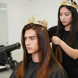 handsome man with shiny and silky long hair in foreground gets hair styled by the hair queen wearing a golden crown studded with diamonds, cannon 5 0 mm lens