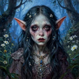a pretty but sinister and creepy goblin in layers of fear, with haunted eyes, violence in her eyes, 1 9 7 0 s, seventies, delicate embellishments, a little blood, woodland, blue dawn light shining on wildflowers, painterly, offset printing technique, by alexandre cabanel, mary jane ansell