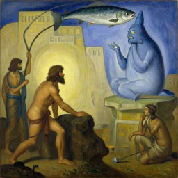 painting of a scene from the epic of gilgamesh in the style of charles abel corwin, frank lloyd wright, highly detailed, oil painting, fisherman and the genie