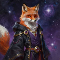 a stylized painting for an avatar of an awesome cosmic powerful luxurious foxfolk mage themed around death and the cosmos, in the style of dnd beyond avatar portraits, beautiful, artistic, elegant, lens flare, magical, lens flare, nature, realism, stylized, art by jeff easley