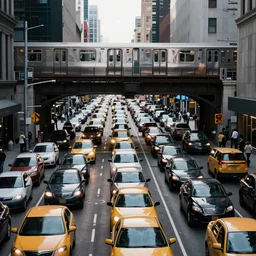 busy nyc street , dense traffic , metro train on bridge over street, cinematic lighting, still photo